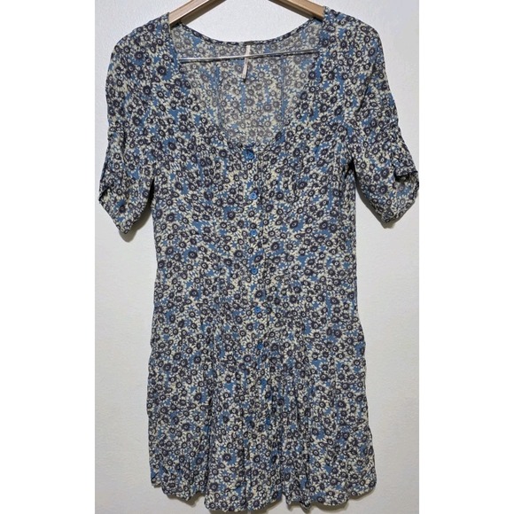Free People Blue Floral Print Sun Dress Laced Up Mini Sleeves Back M Boho Fairy - Picture 4 of 14